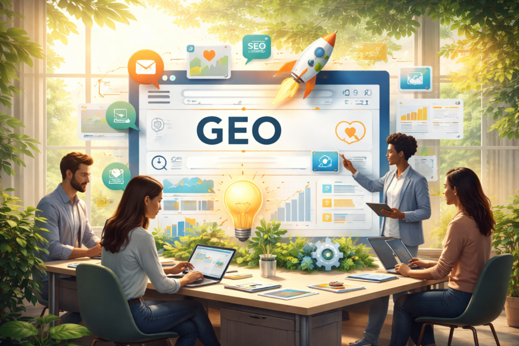 Team analyzing search optimization growth charts