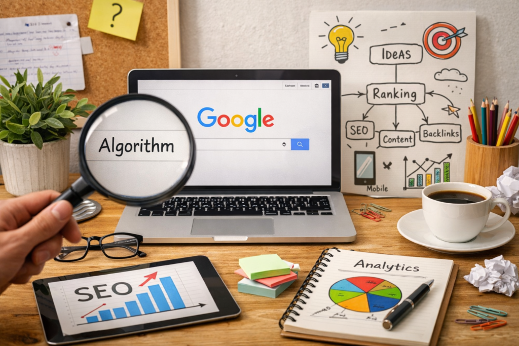 • Website performance tracking on laptop screen