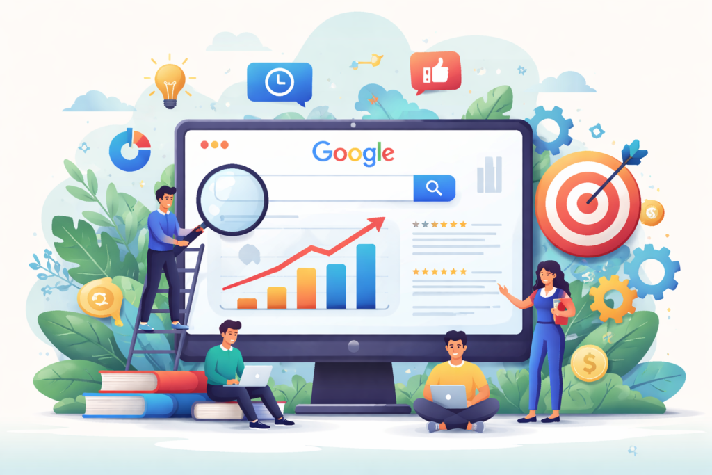 "Team analyzing Google search ranking data"