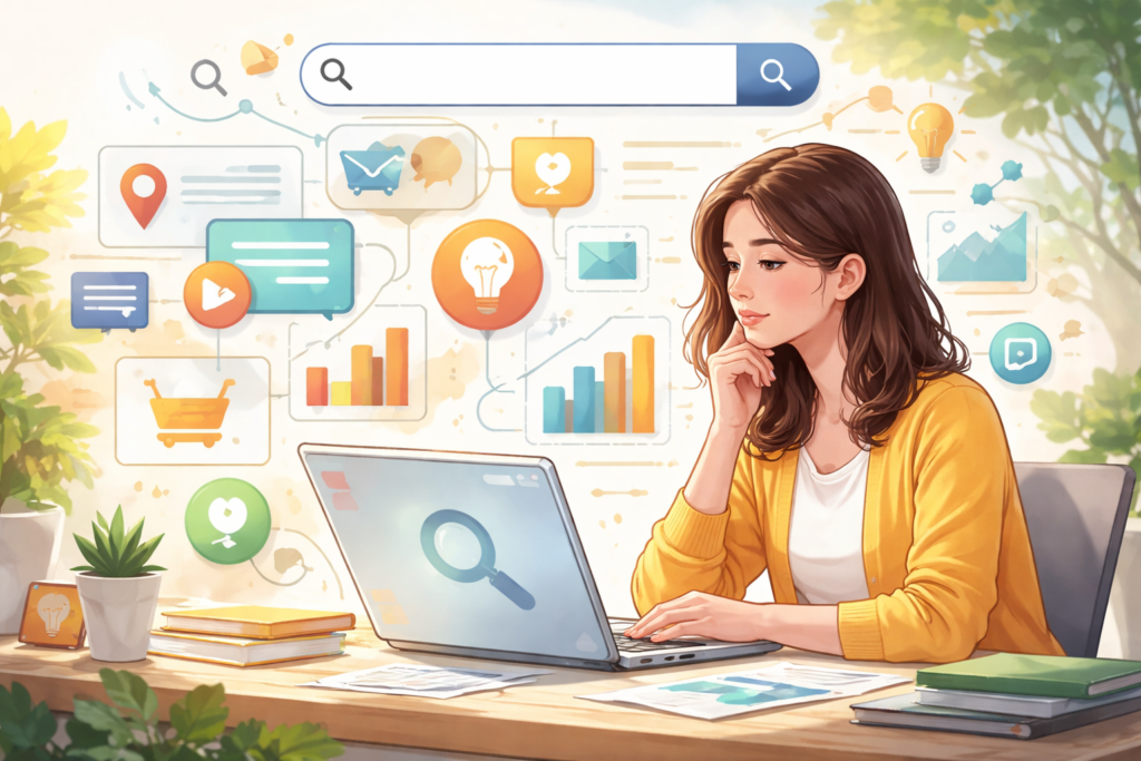 Woman analyzing data with digital insights icons