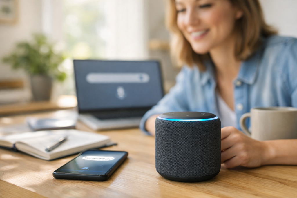 Woman using smart speaker at desk