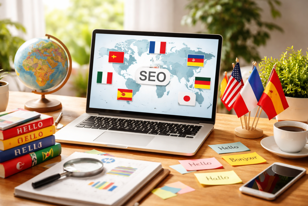 International SEO workspace with global elements
