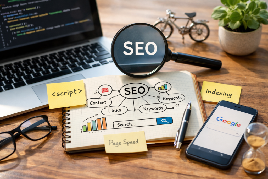 Laptop coding workspace with SEO research