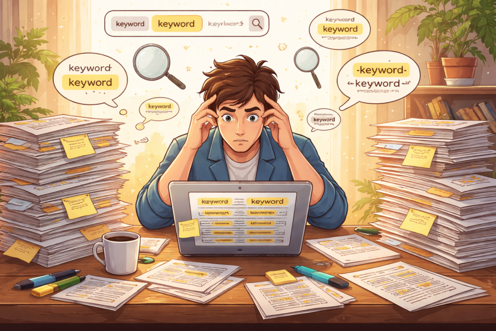 Frustrated writer overwhelmed by repeated keywords