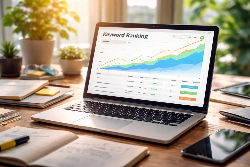 Keyword ranking analytics on laptop screen