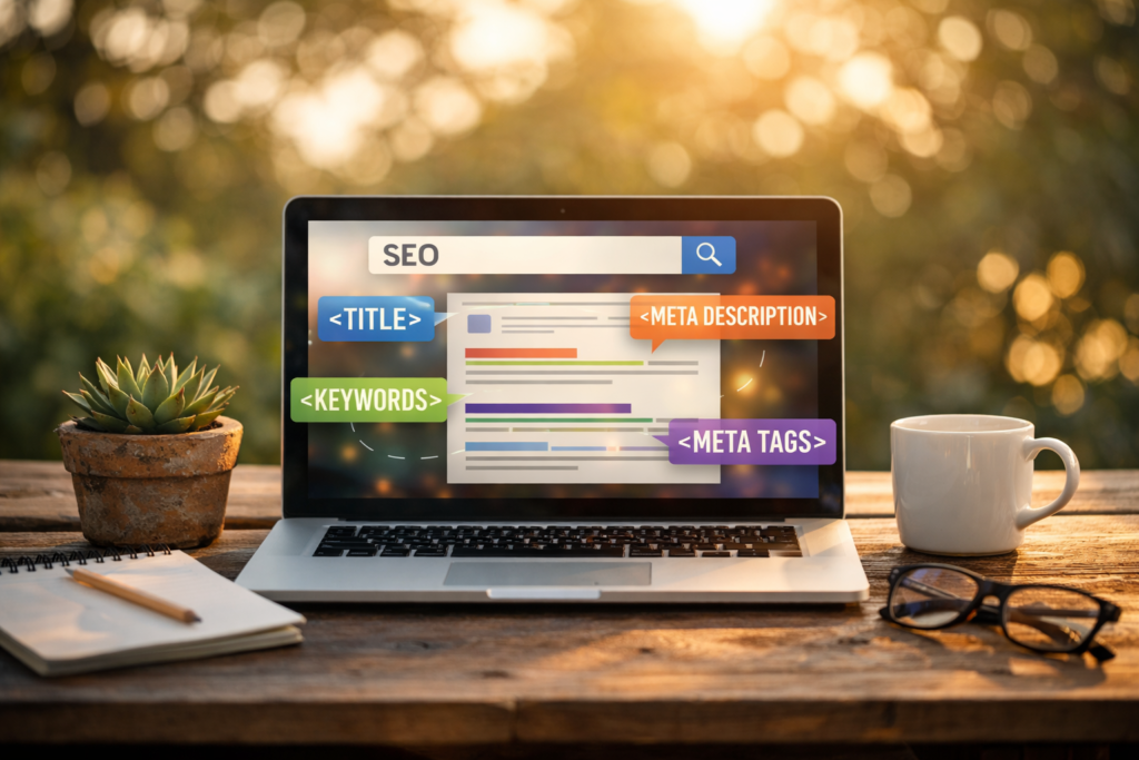 “Laptop showing SEO meta tag elements”