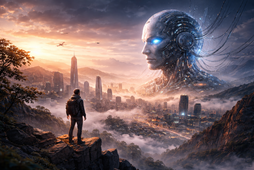 Human overlooking futuristic city under AI presence