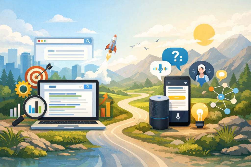 SEO and AEO strategy landscape illustration