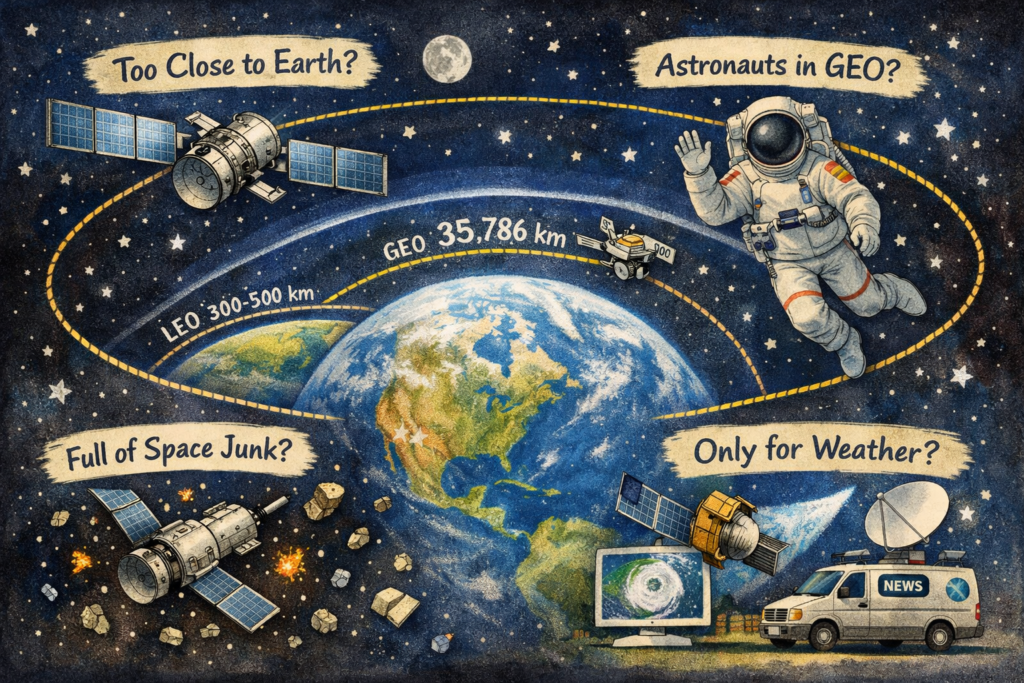 Satellites orbiting Earth illustrating geostationary orbit concepts