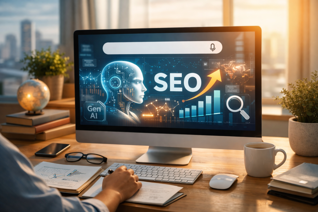 Person researching SEO analytics with AI search interface