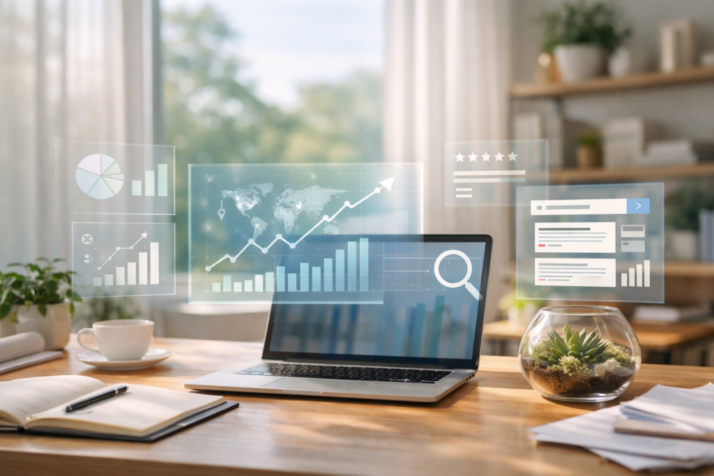 Modern workspace showing AEO analytics dashboard