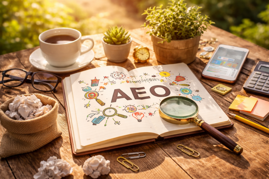 AEO planning notes with magnifying glass