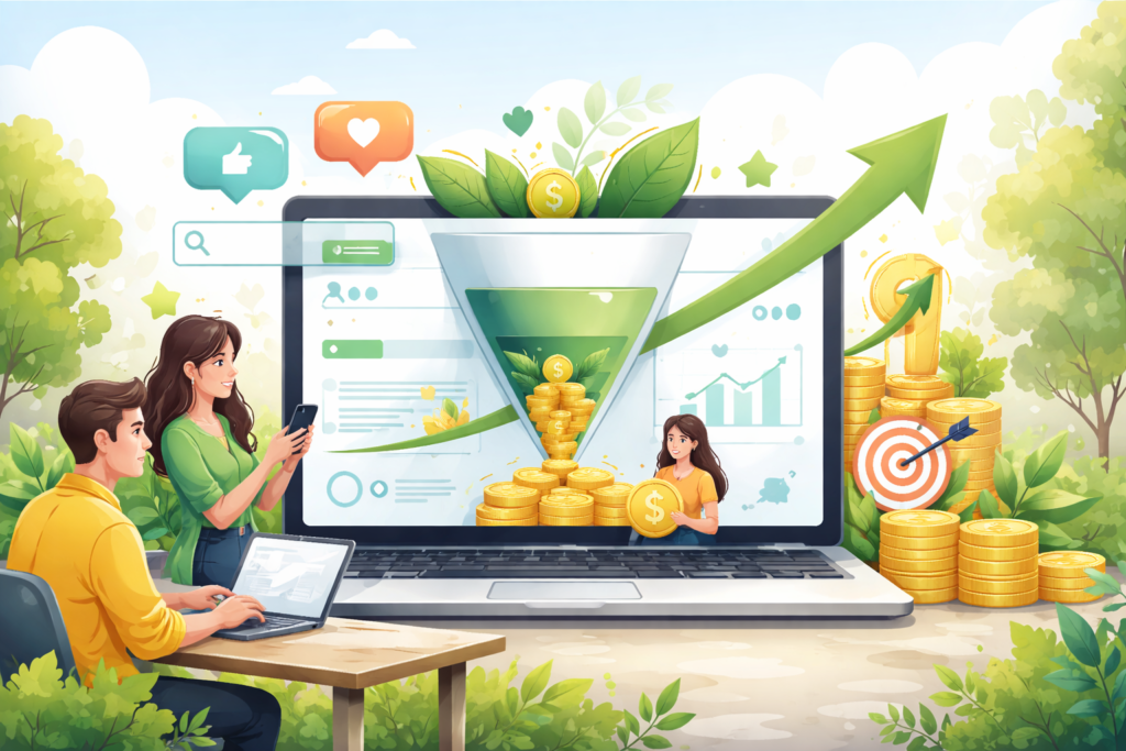 Conversion funnel turning traffic into revenue