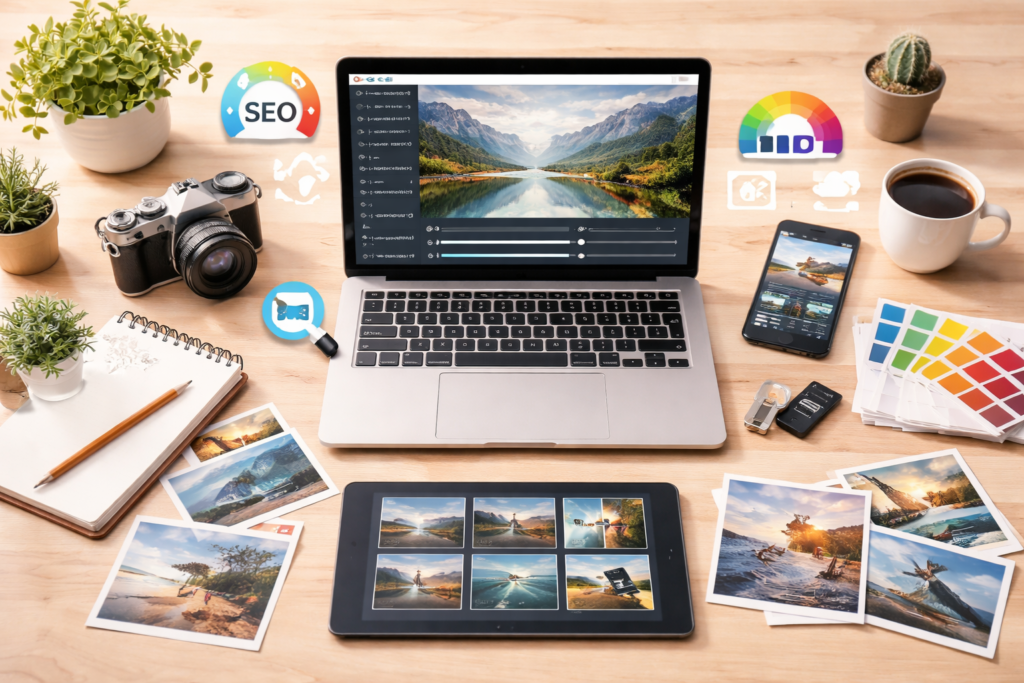 Workspace showing photo editing and optimization tools