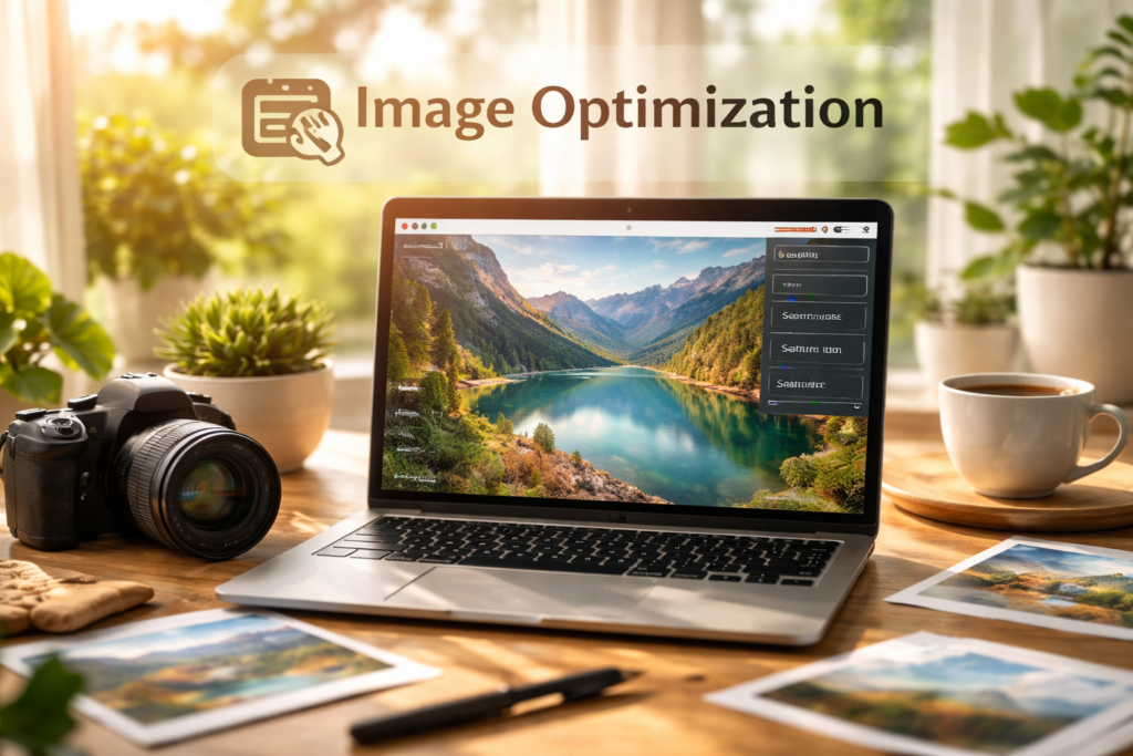 Laptop editing landscape photo on desk