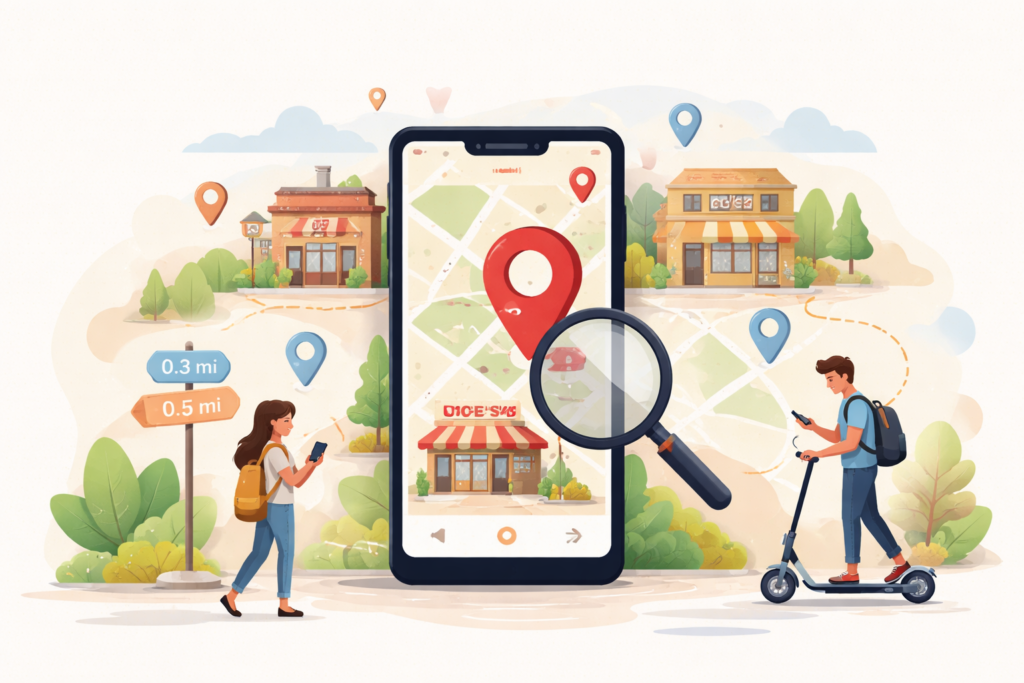 "Illustration showing how proximity influences local search results."