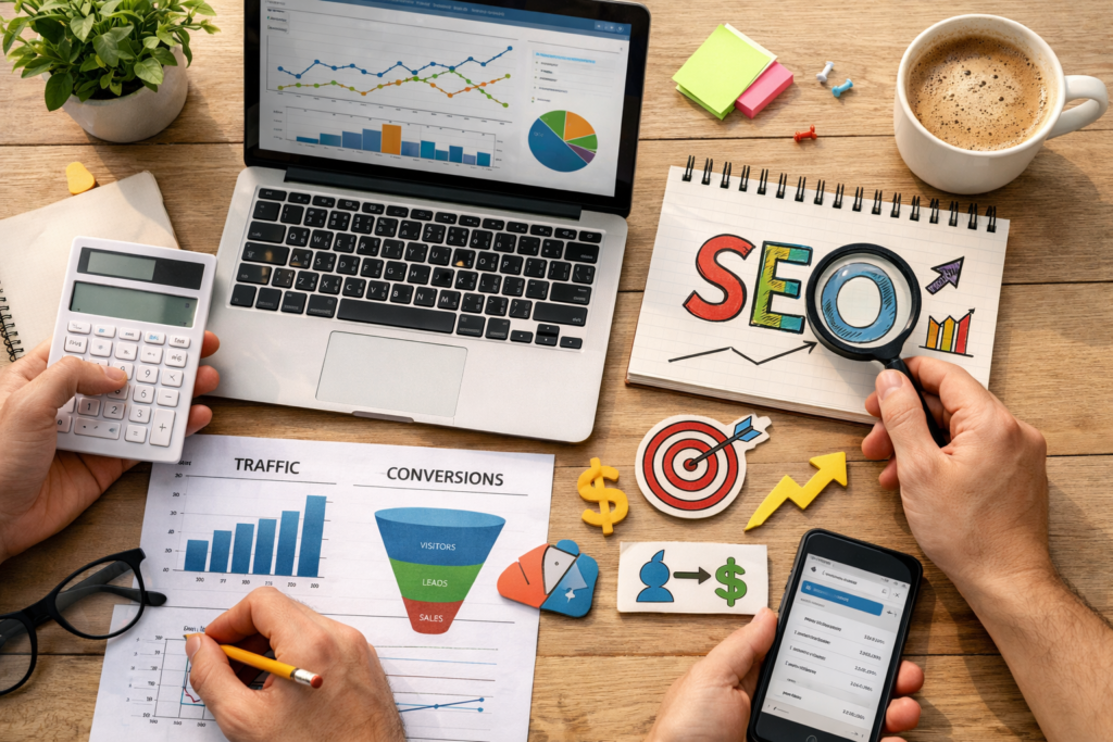 SEO analytics and conversion tracking workspace overview