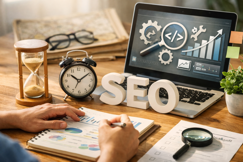 Technical SEO analysis on laptop screen