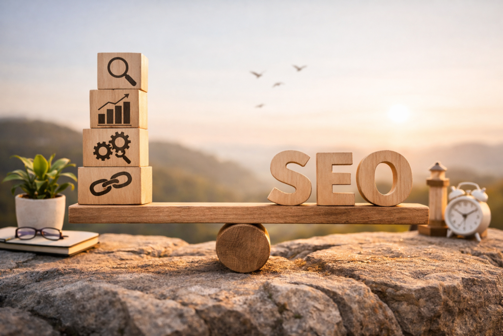 “SEO blocks balanced on a seesaw.”