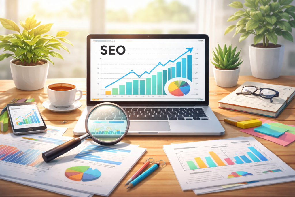 SEO performance growth analytics dashboard on laptop