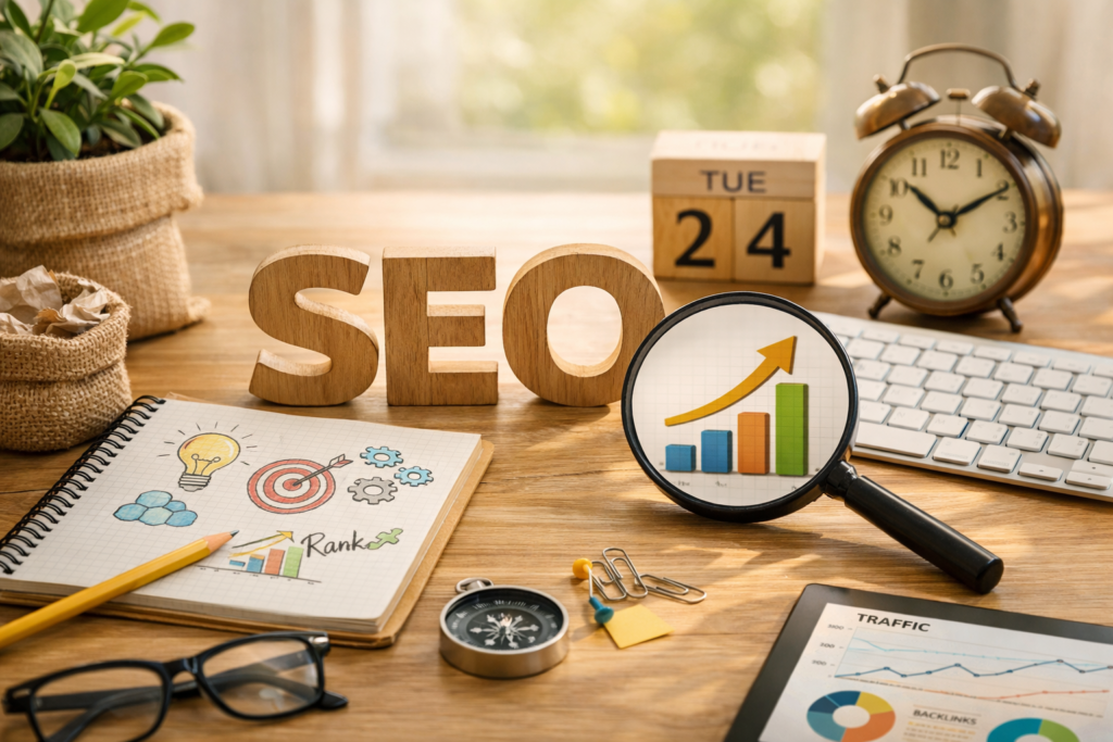 "SEO workspace with charts and magnifier"