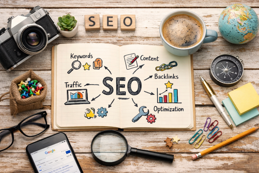 SEO planning notebook with digital marketing tools