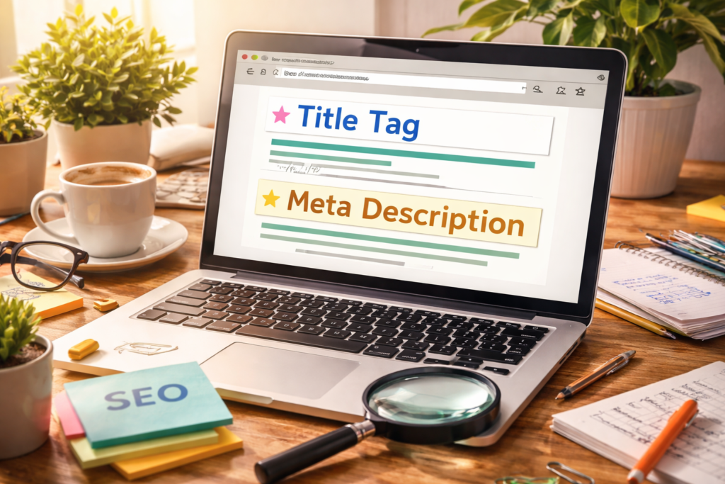 Laptop workspace showing SEO planning setup