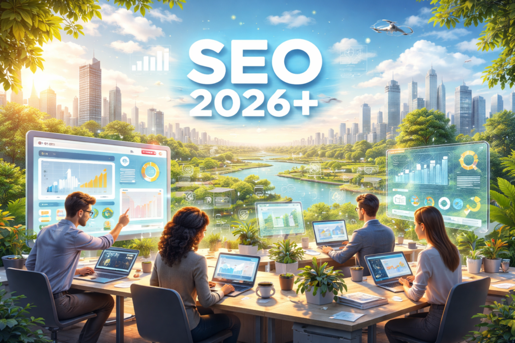Futuristic SEO analytics workspace overlooking smart city