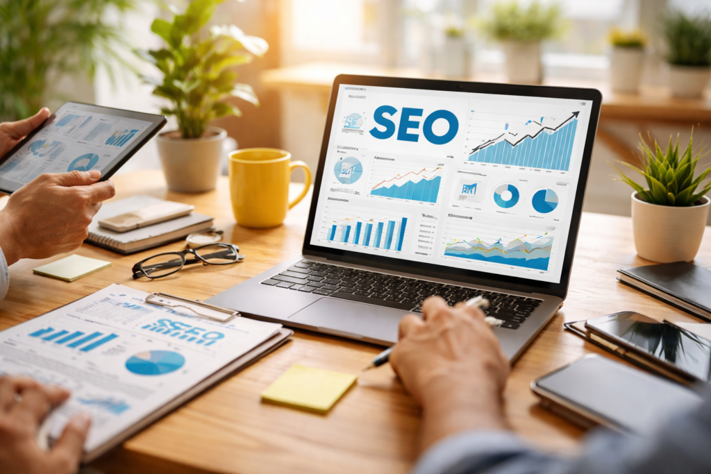 SEO analytics review in modern office setting