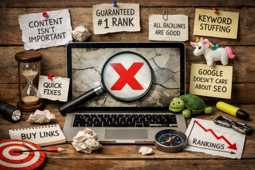 “Laptop with SEO myths harming rankings”