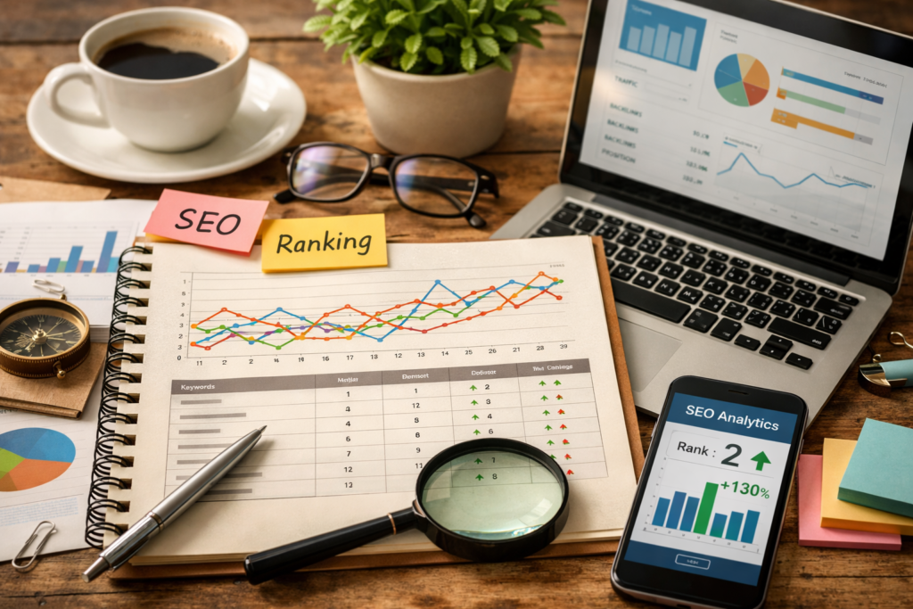 SEO performance analytics workspace with charts