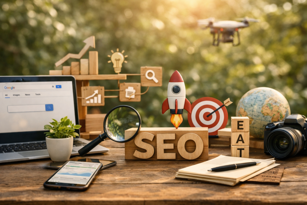 Modern SEO strategy workspace outdoors