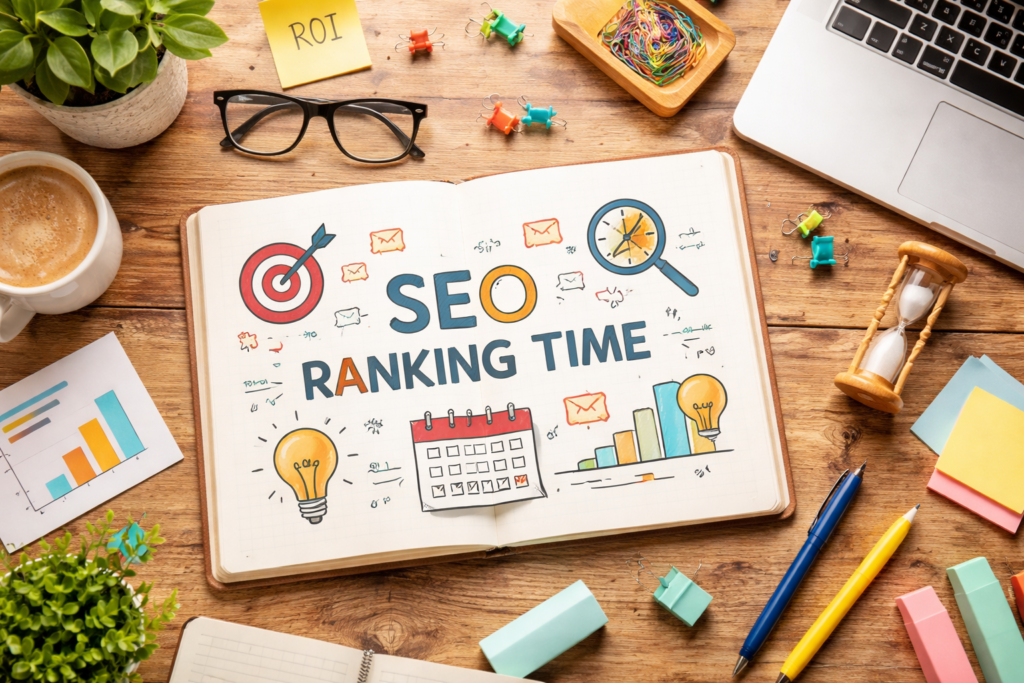 SEO planning workspace with growth visuals