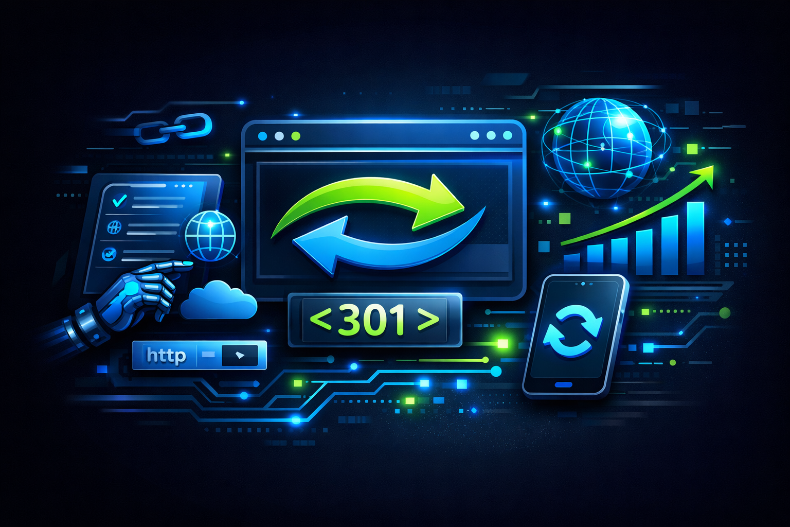 "Technical diagram showing 301 redirect flow from an old URL to a new destination for SEO equity."