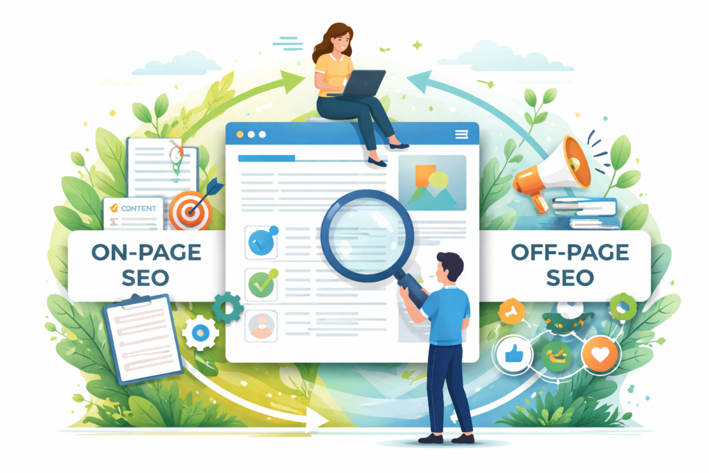 "Visual SEO workflow connecting on- and off-page"