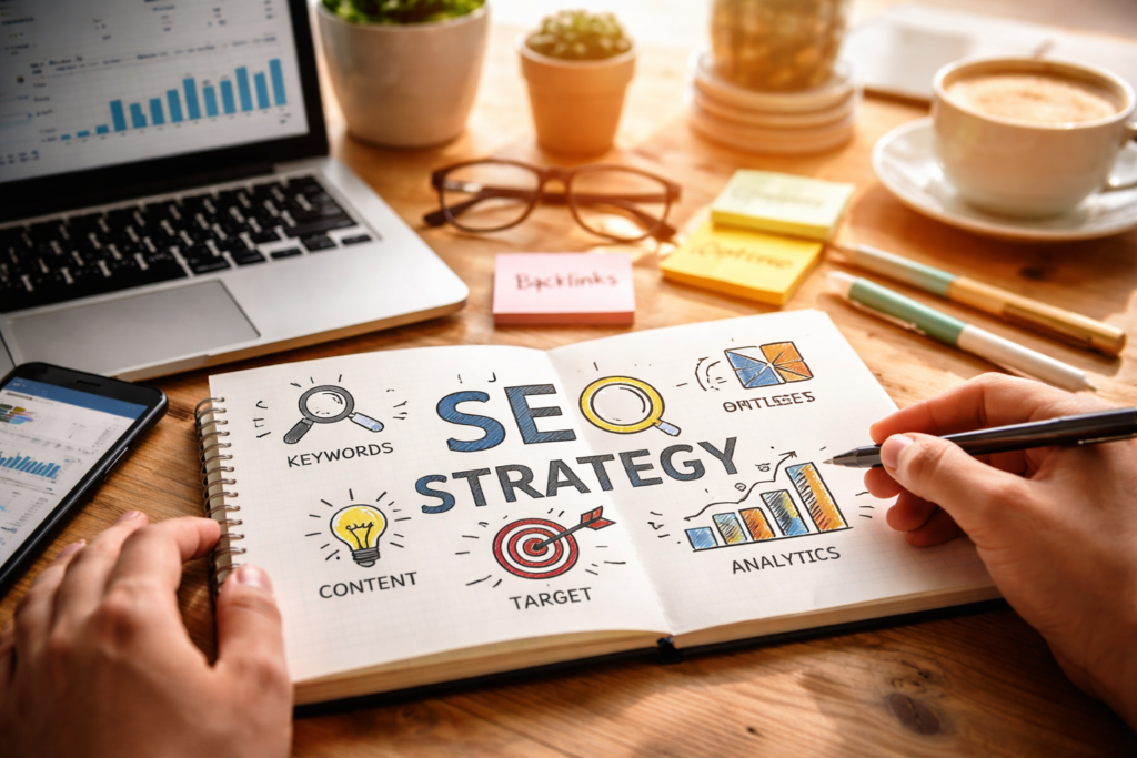 Hands planning SEO strategy with analytics chart