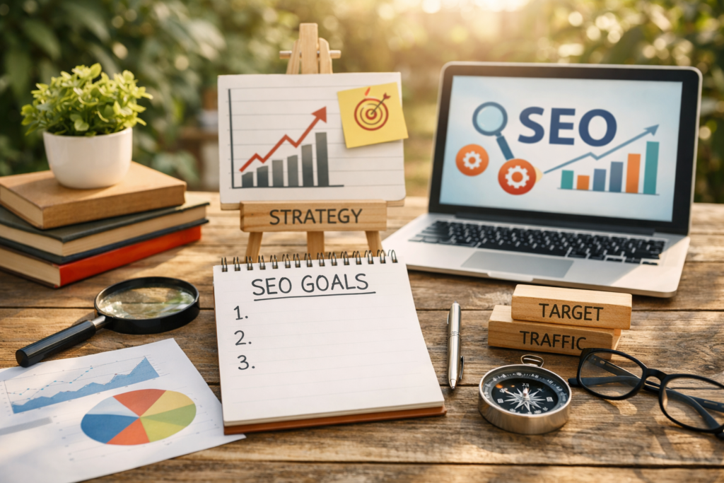 Clear SEO goals planning workspace outdoors