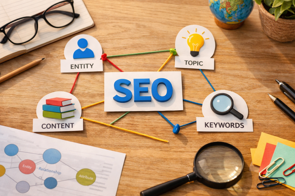 SEO concept with connected strategy elements