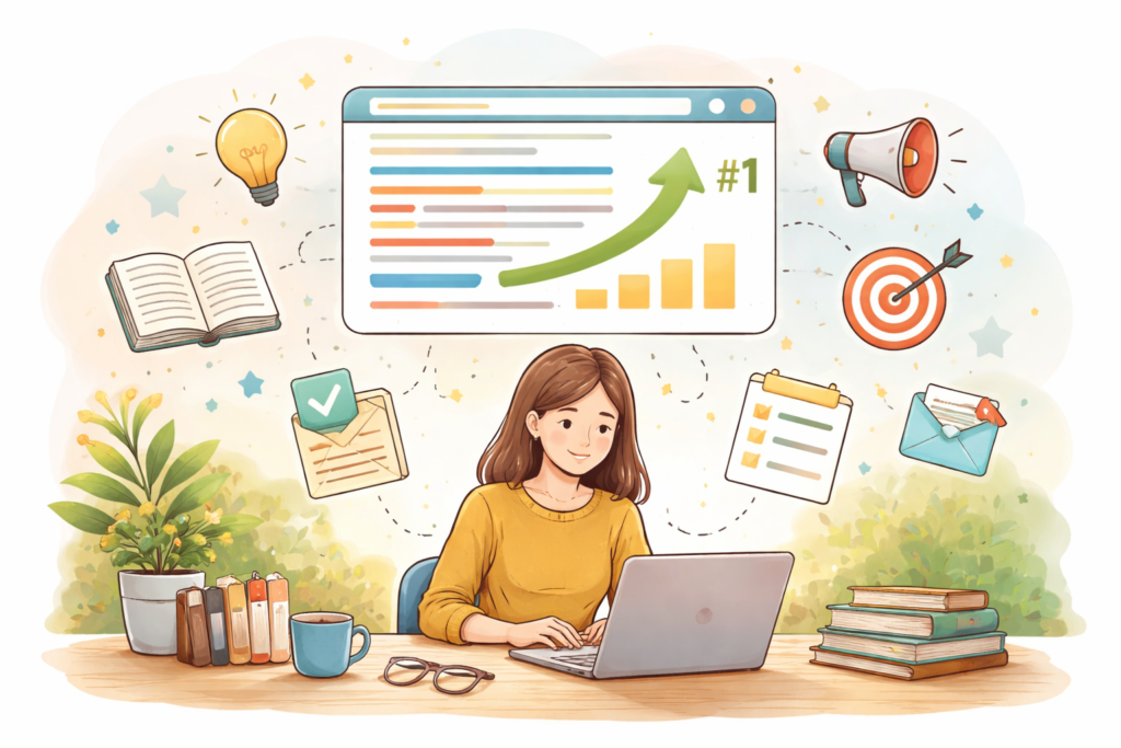 Woman researching SEO with rising rankings