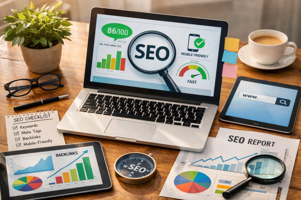 Website SEO audit dashboard on laptop