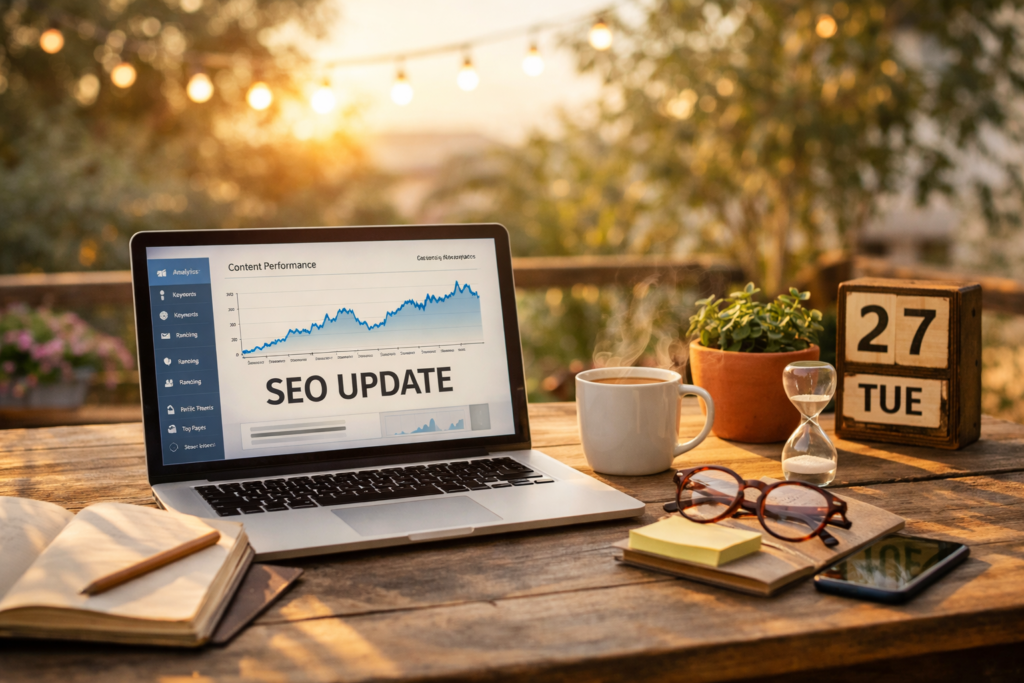 Outdoor workspace reviewing SEO performance data