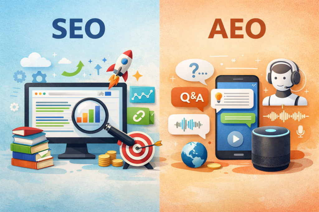 SEO vs AEO digital marketing comparison illustration