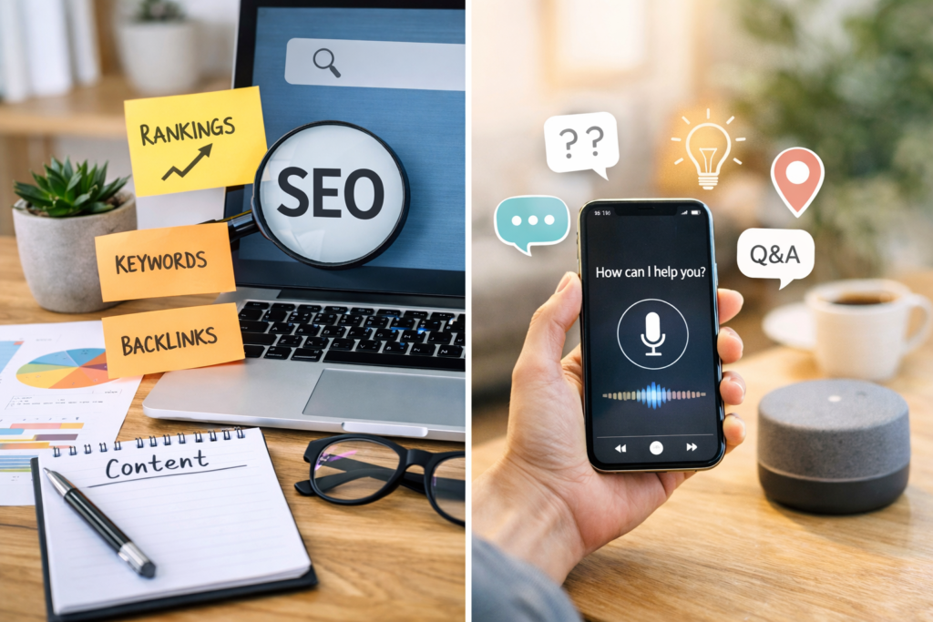 SEO vs AEO digital workspace comparison.