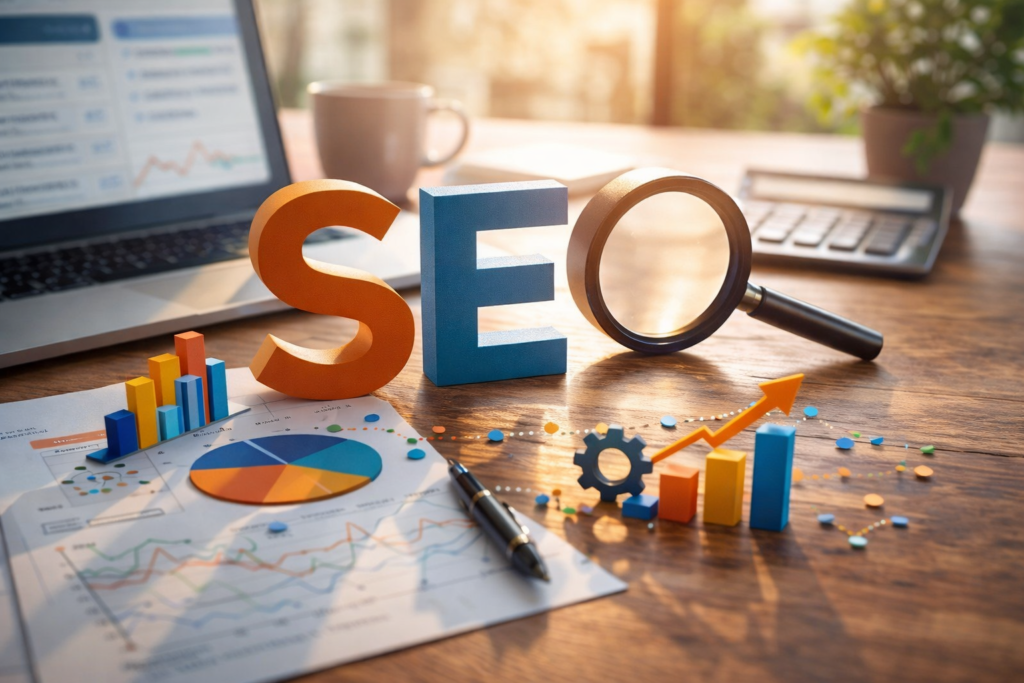 SEO workspace with charts and magnifying glass