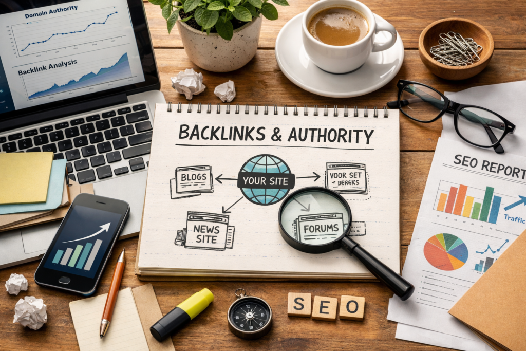SEO workspace showing backlinks and authority analysis