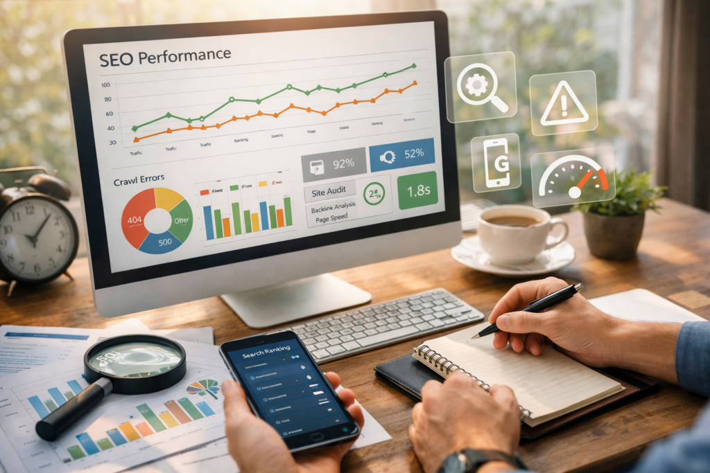 Technical SEO monitoring dashboard with analytics