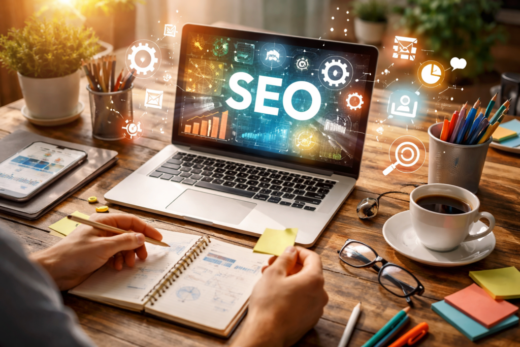 SEO strategy dashboard with analytics workspace