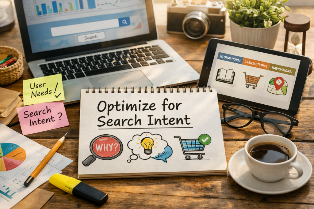 SEO workspace with search intent visuals