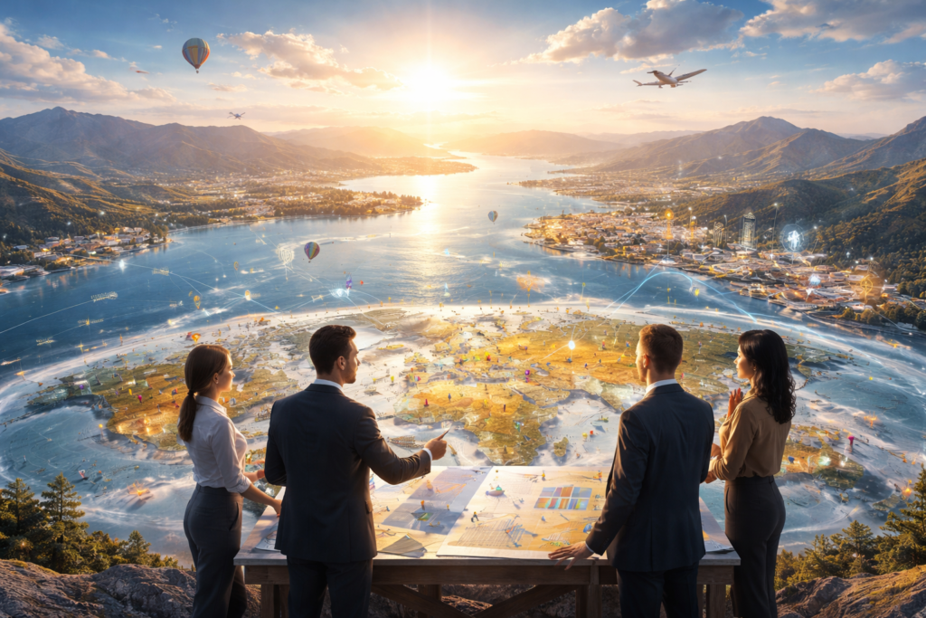 Professionals planning global digital strategy at sunrise