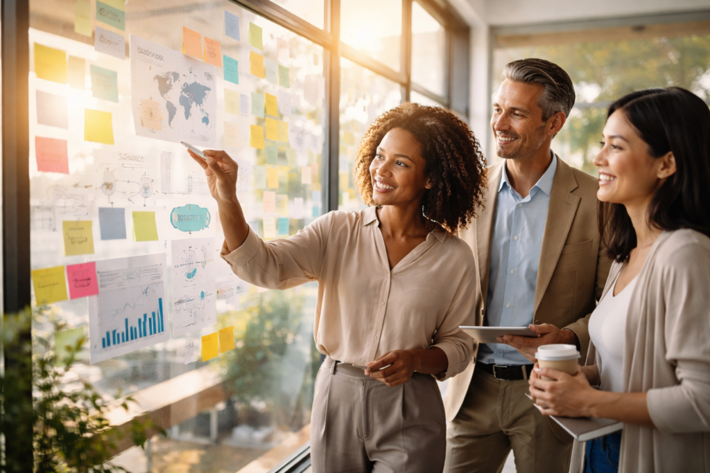 Business team planning strategy on glass wall